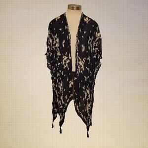 Boho Floral Sheer Kimono Wrap Shawl Tassel Trim Armholes One Size Fits All Black